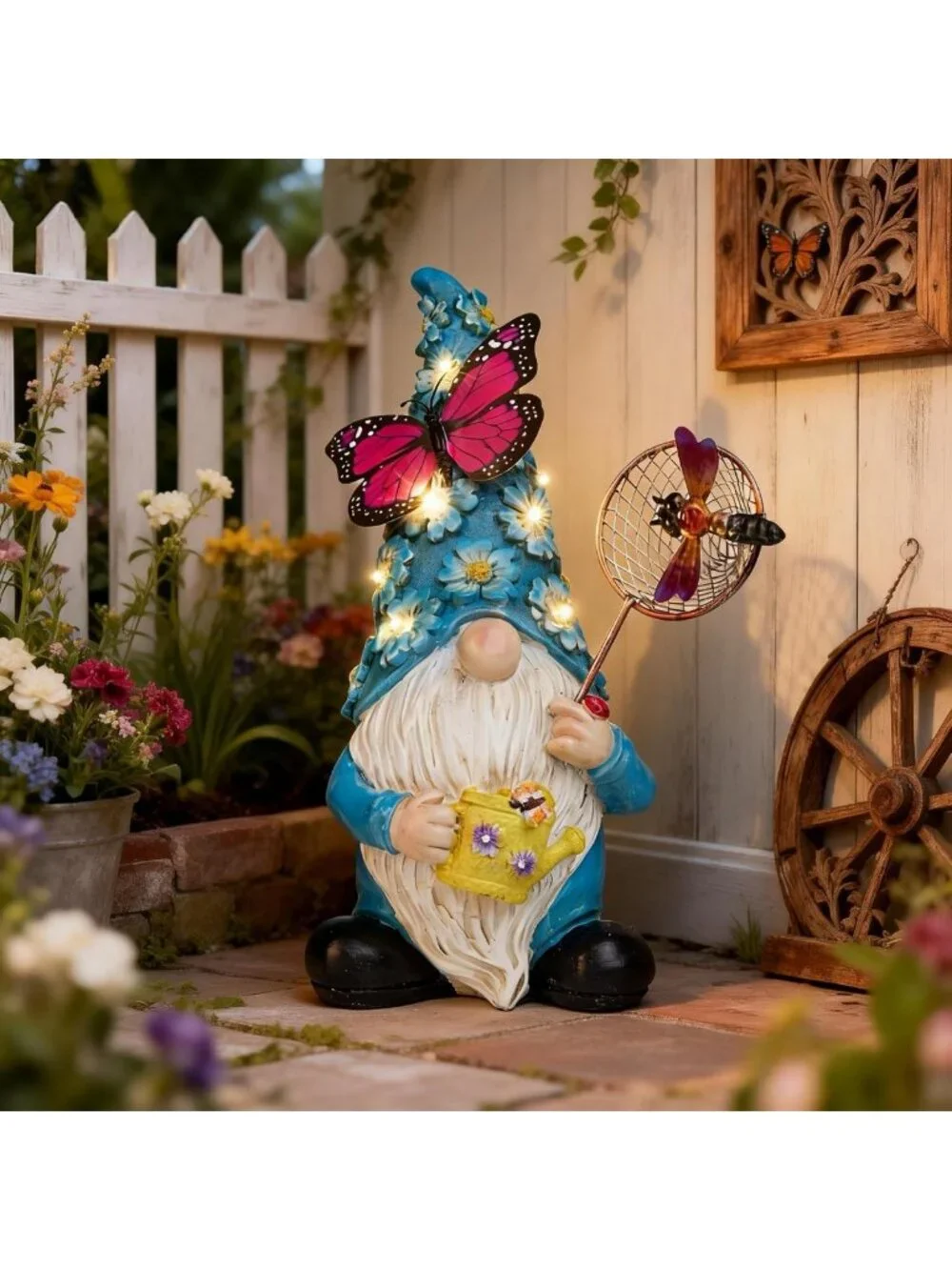 Solar Garden Gnome Statue with Butterfly & LED Flowers - Outdoor Decor for Patio